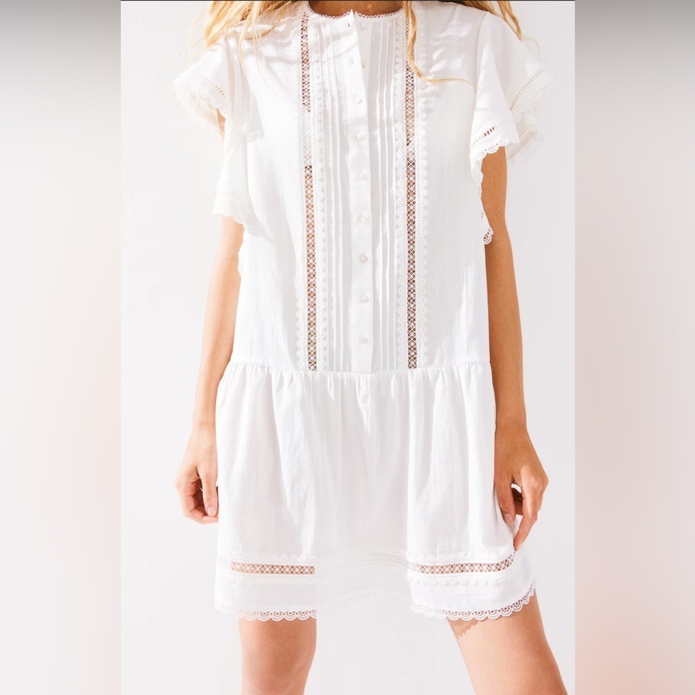 H&M mini dress lace embroidered pintuck ruffle short flutter sleeve ladder